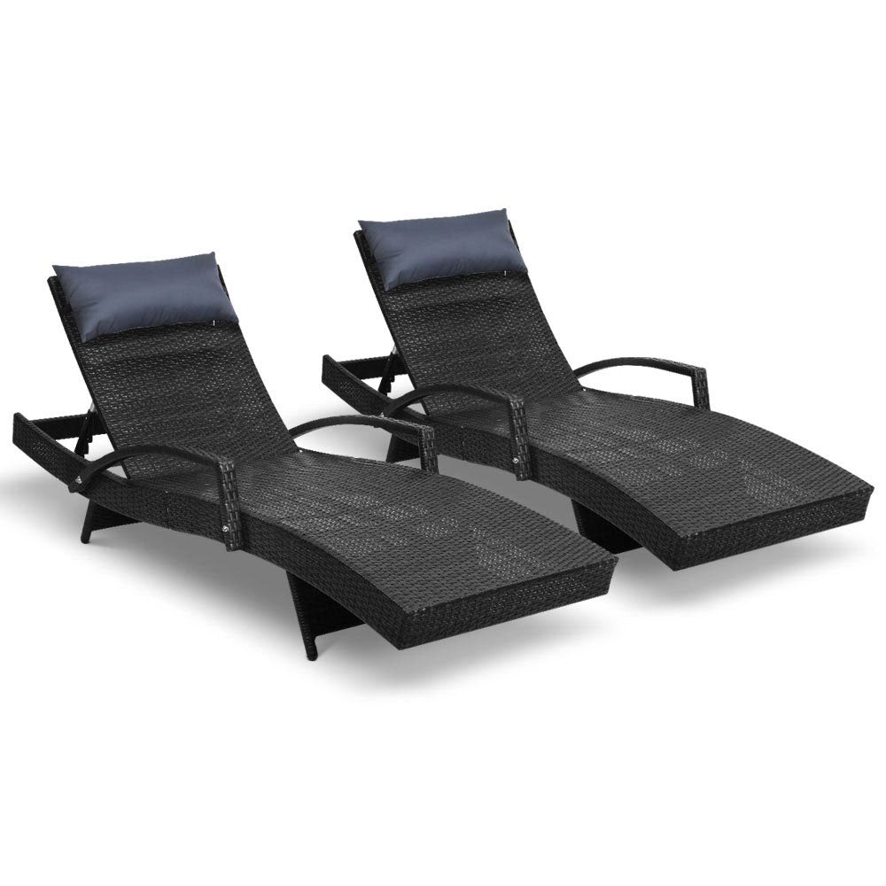 NNEDSZ Set of 2 Sun Lounge Outdoor Furniture Wicker Lounger Rattan Day Bed Garden Patio Black