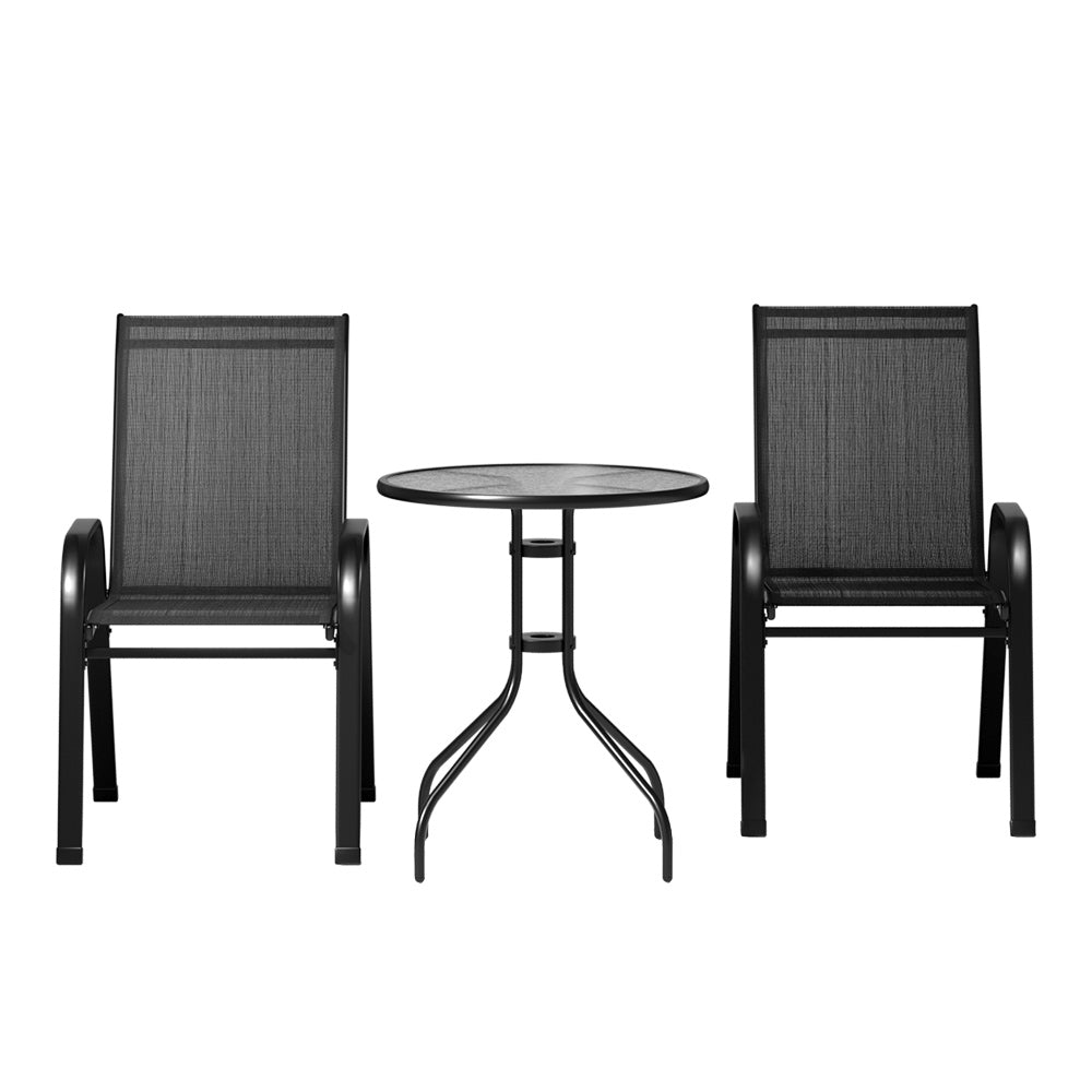 NNEDSZ Gardeon 3PC Outdoor Bistro Set Table and Chairs Stackable Patio Furniture Black