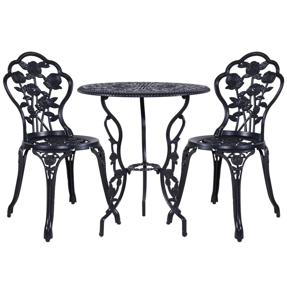 NNEDSZ 3PC Outdoor Setting Cast Aluminium Bistro Table Chair Patio Black