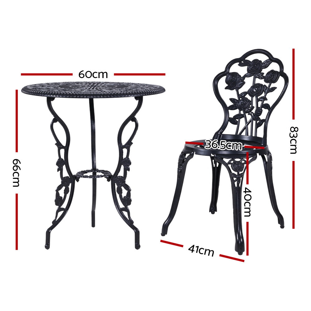 NNEDSZ 3PC Outdoor Setting Cast Aluminium Bistro Table Chair Patio Black
