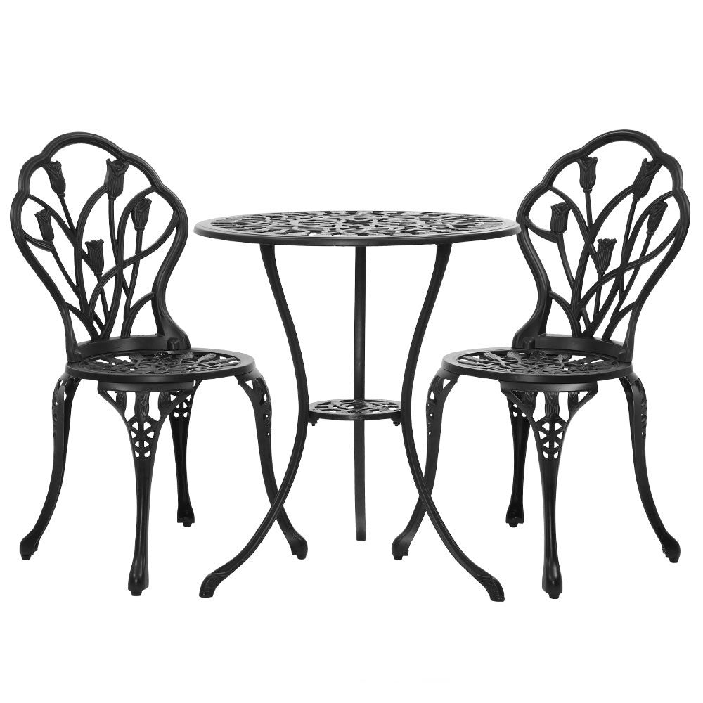 NNEDSZ 3PC Outdoor Setting Cast Aluminium Bistro Table Chair Patio Black