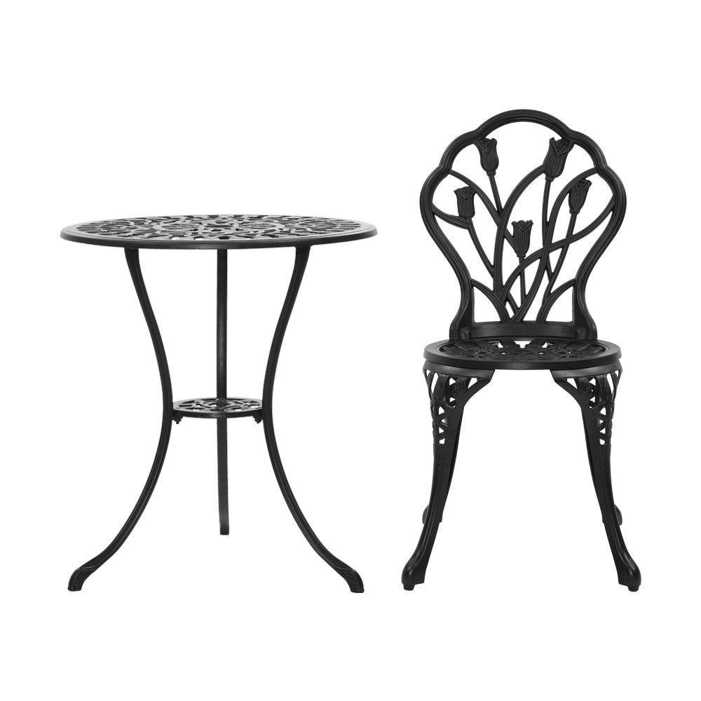 NNEDSZ 3PC Outdoor Setting Cast Aluminium Bistro Table Chair Patio Black