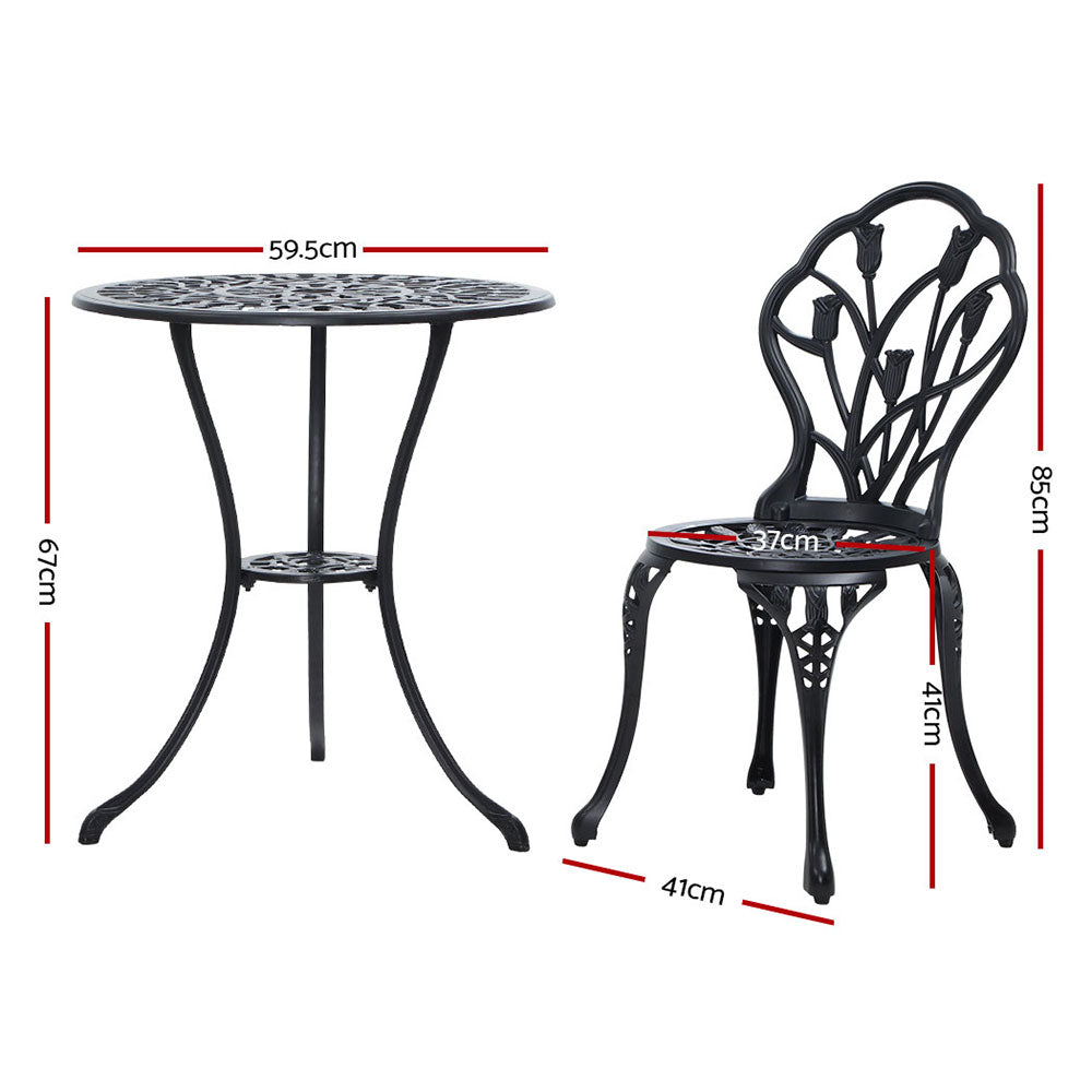 NNEDSZ Gardeon 3PC Outdoor Setting Bistro Set Chairs Table Cast Aluminum Patio Furniture Tulip Black