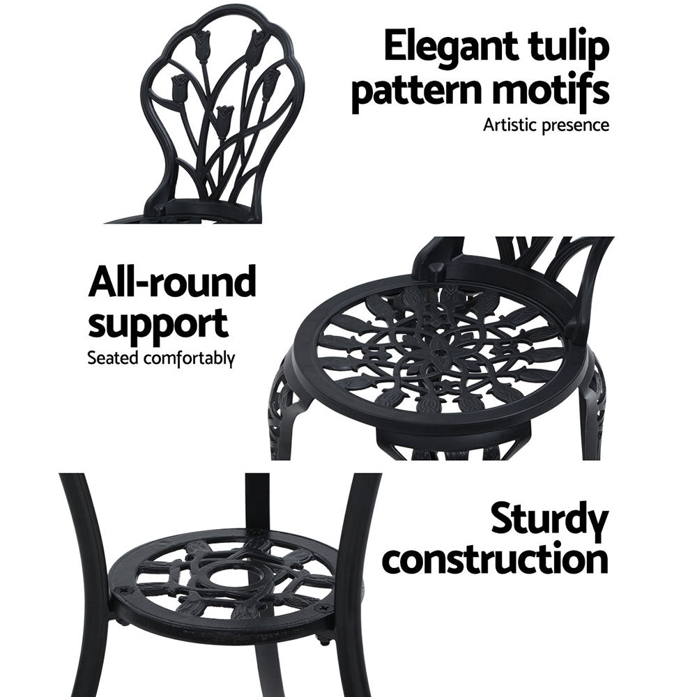 NNEDSZ Gardeon 3PC Outdoor Setting Bistro Set Chairs Table Cast Aluminum Patio Furniture Tulip Black
