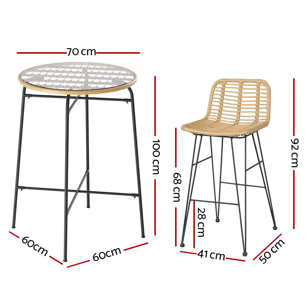 NNEDSZ Gardeon 3-Piece Outdoor Bar Set Wicker Table Chairs Patio Bistro