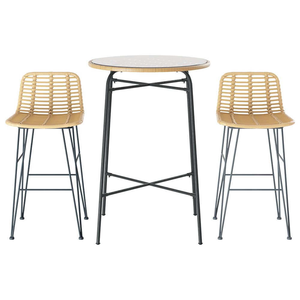 NNEDSZ Gardeon 3-Piece Outdoor Bar Set Wicker Table Chairs Patio Bistro