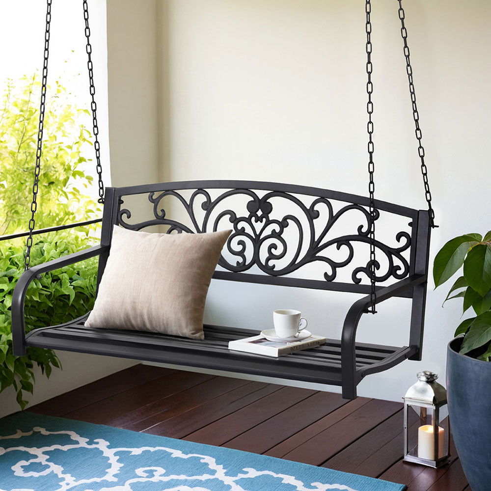 NNEDSZ Gardeon Outdoor Porch Swing Chair Patio Furniture Floral Backrest 2 Seater Black