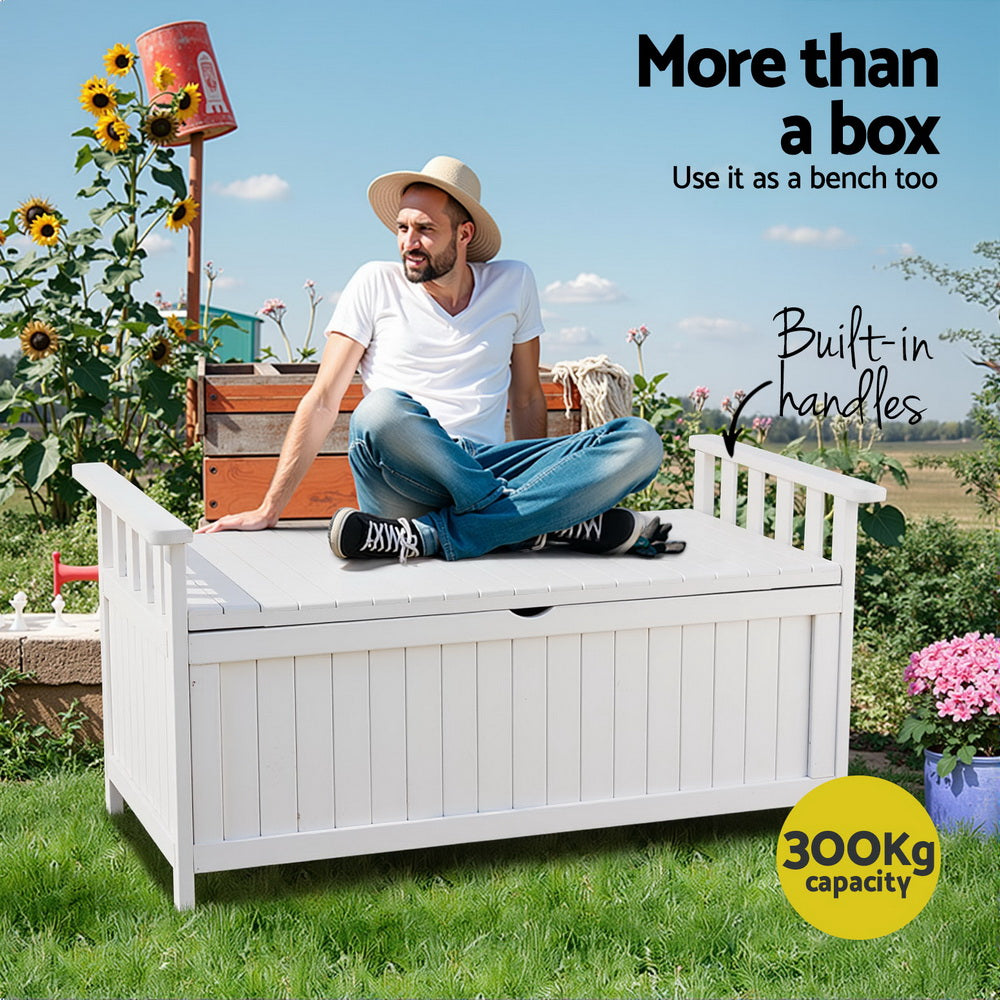 NNEDSZ Gardeon Outdoor Storage Bench Box Wooden Garden Toy Tool Patio Furniture White