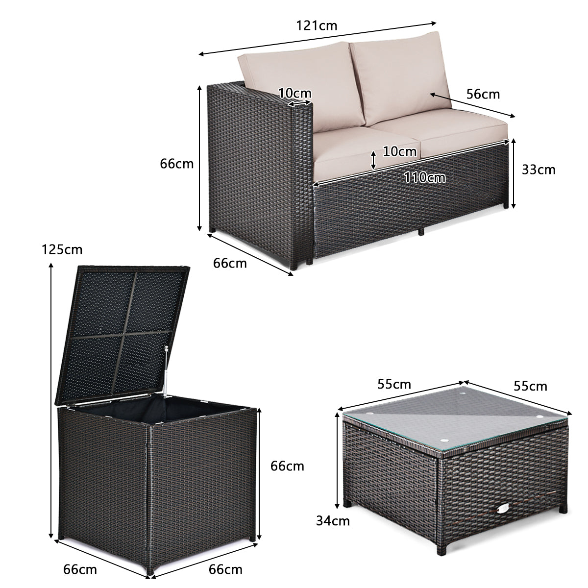 NNECW 4 Pieces Outdoor Rattan Furniture Set with Cushioned Loveseat Storage Table for Patio