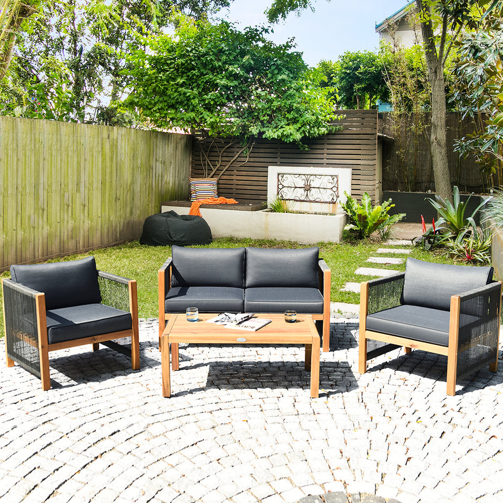 NNECW 4 Pieces Acacia Wood Patio Conversation Set with Armrest