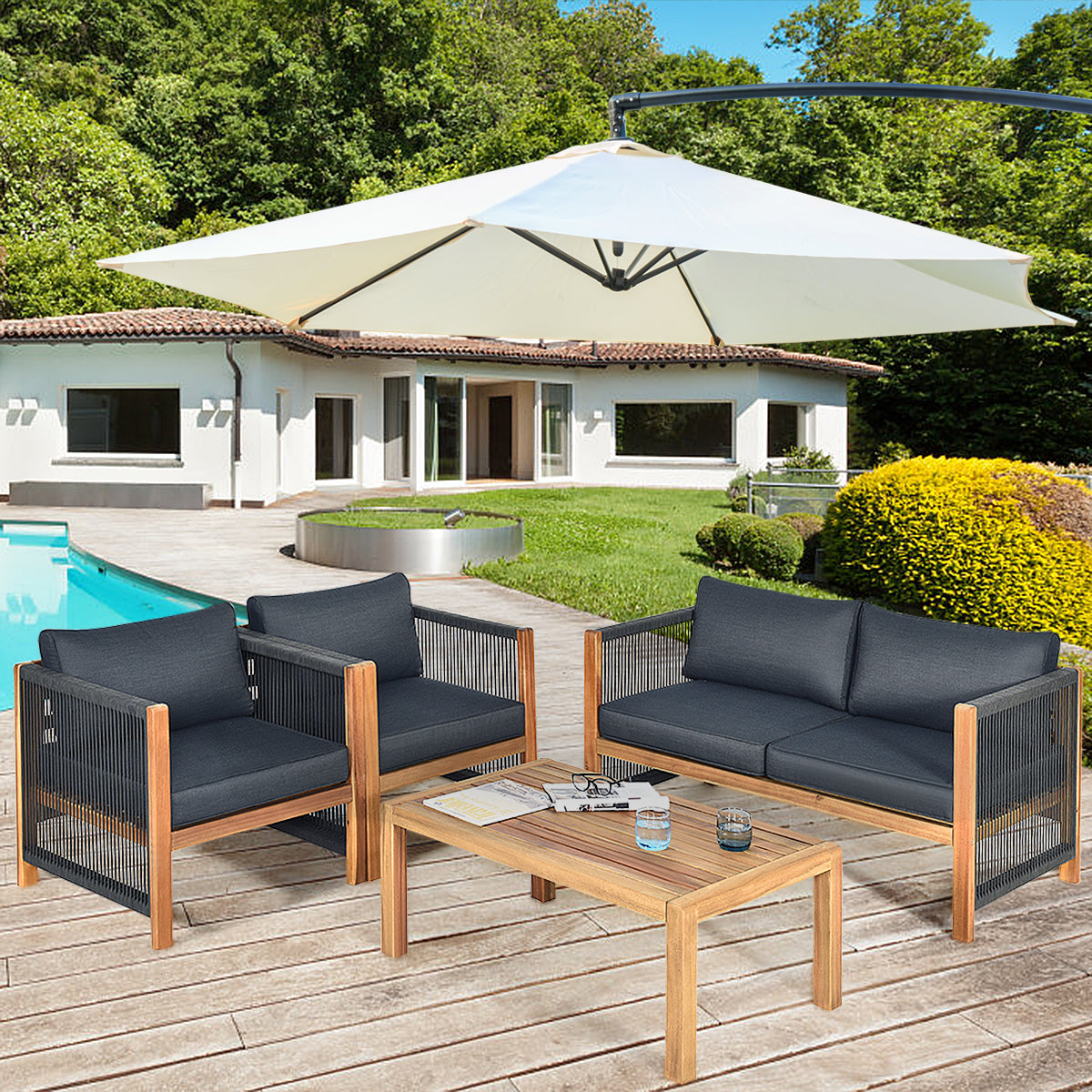 NNECW 4 Pieces Acacia Wood Patio Conversation Set with Armrest
