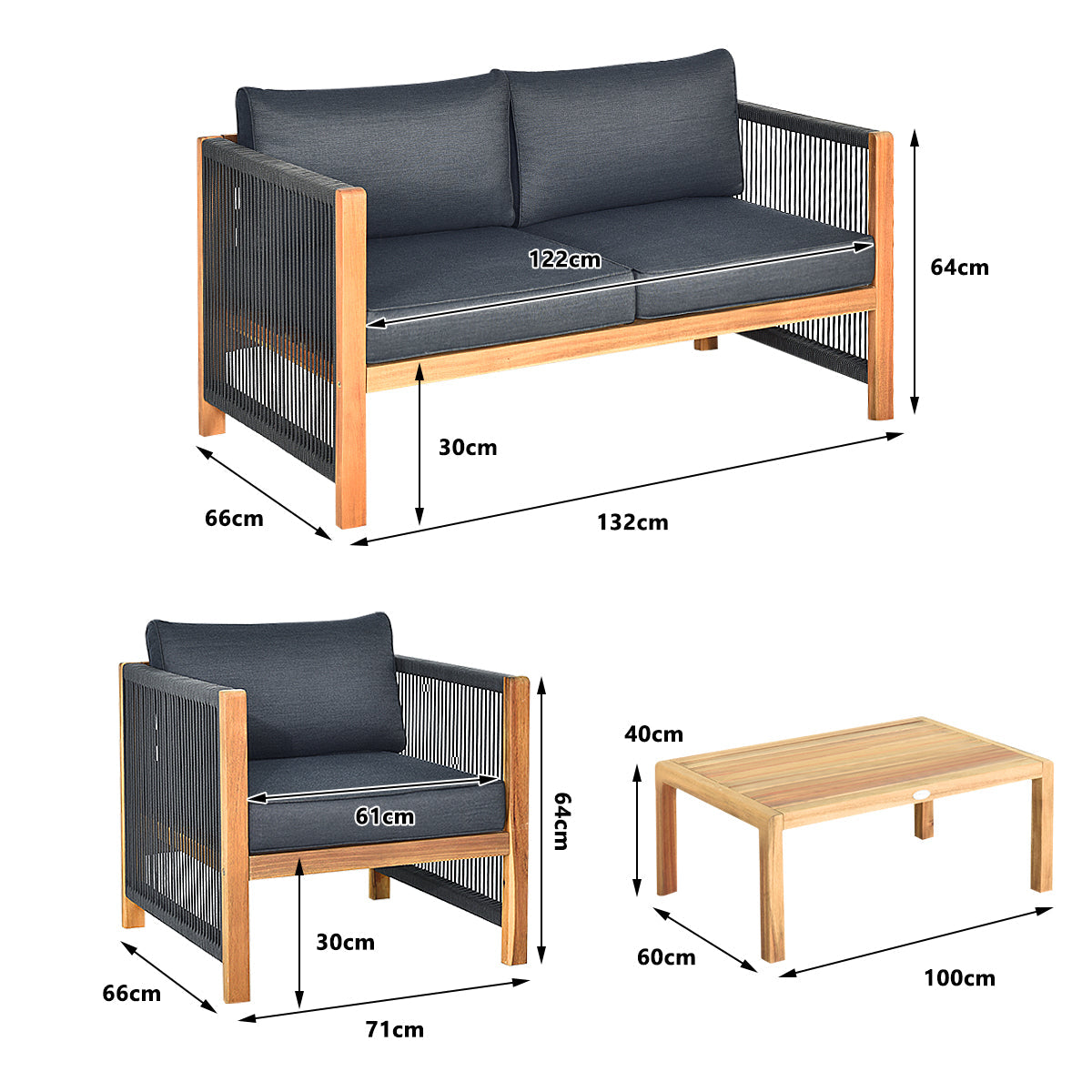 NNECW 4 Pieces Acacia Wood Patio Conversation Set with Armrest