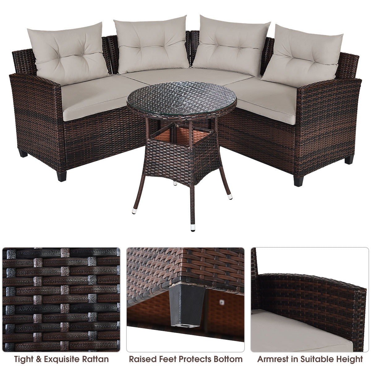 NNECW 4-Piece Patio Wicker Furniture Set with Cushion-Beige