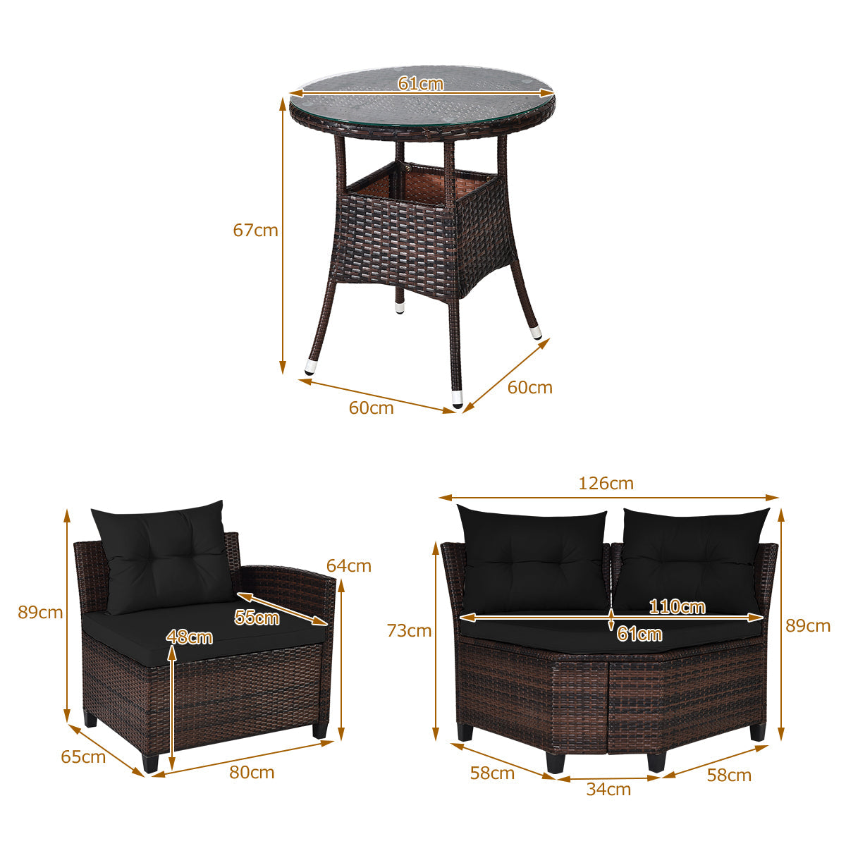 NNECW 4-Piece Patio Wicker Furniture Set with Cushion-Black