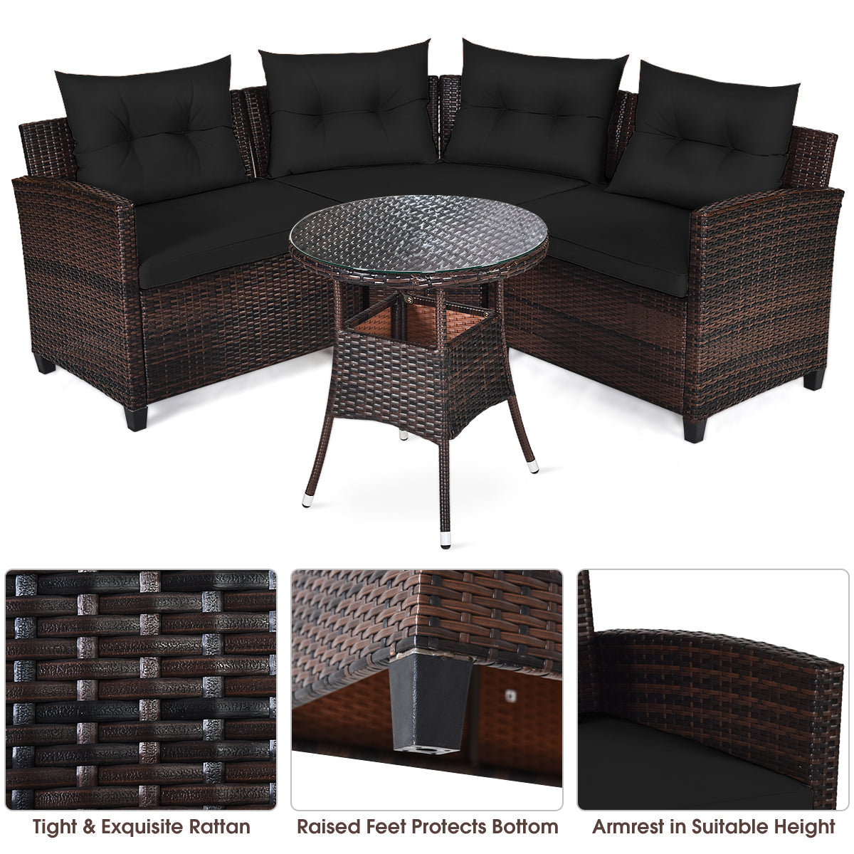 NNECW 4-Piece Patio Wicker Furniture Set with Cushion-Black