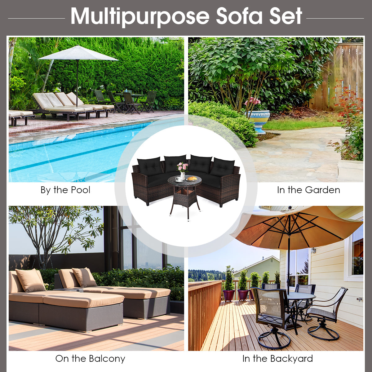NNECW 4-Piece Patio Wicker Furniture Set with Cushion-Black