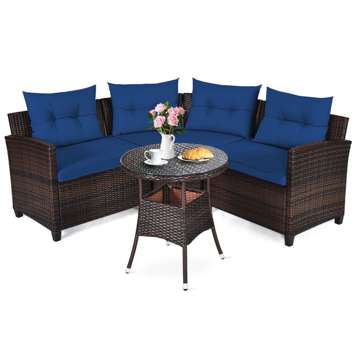 NNECW 4-Piece Patio Wicker Furniture Set with Cushion-Navy