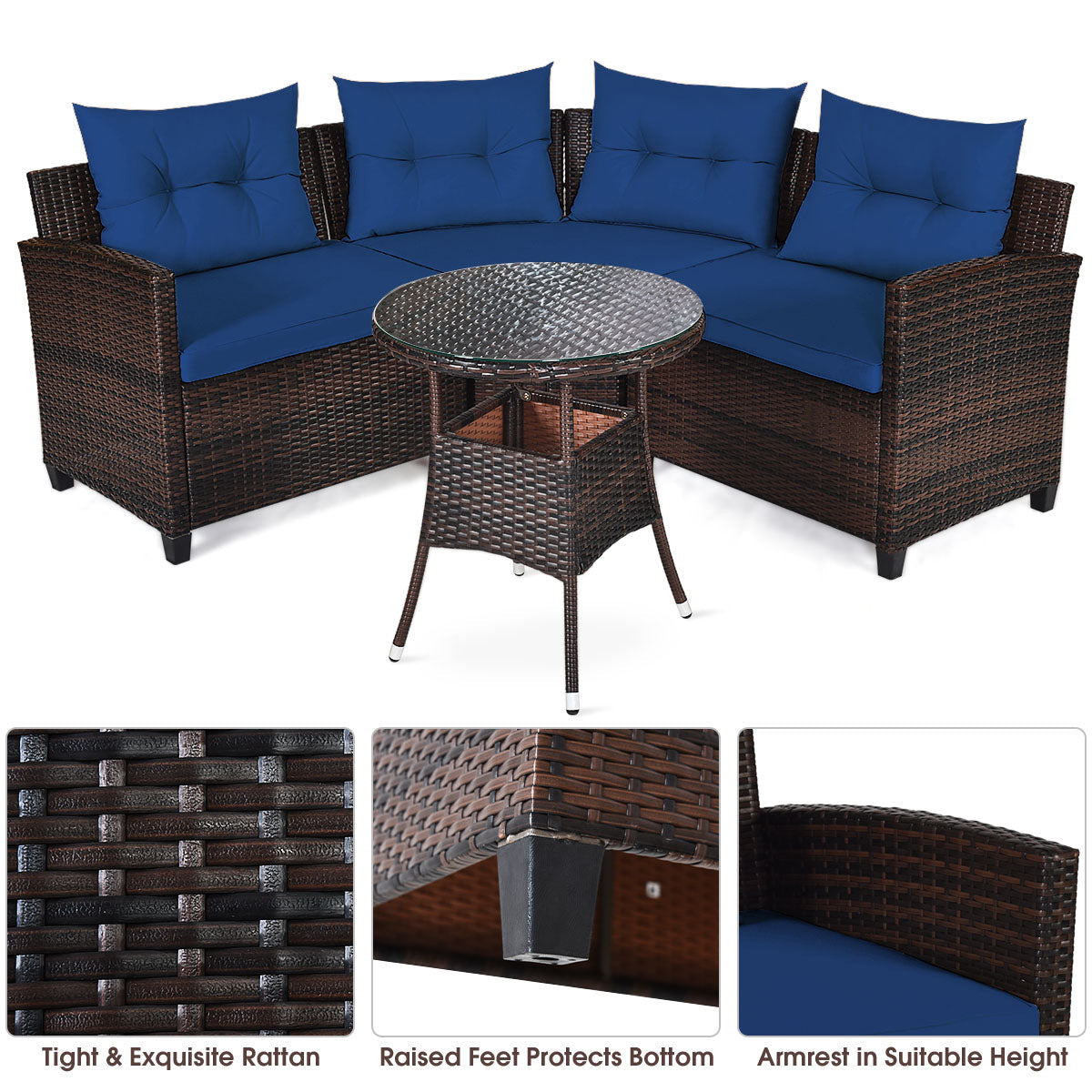 NNECW 4-Piece Patio Wicker Furniture Set with Cushion-Navy