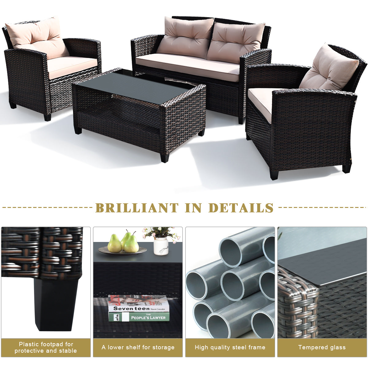 NNECW 4-Piece Rattan Chair Set with Loveseat & Coffee table for Patio