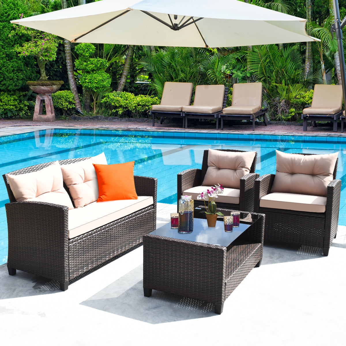 NNECW 4-Piece Rattan Chair Set with Loveseat & Coffee table for Patio
