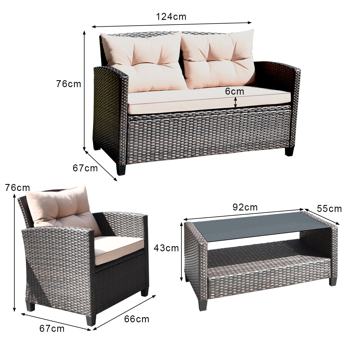 NNECW 4-Piece Rattan Chair Set with Loveseat & Coffee table for Patio