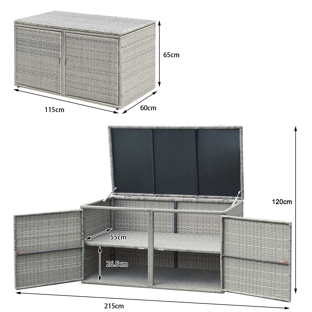NNECW 0.33m Patio Rattan Storage Container Box with Shelf -Grey