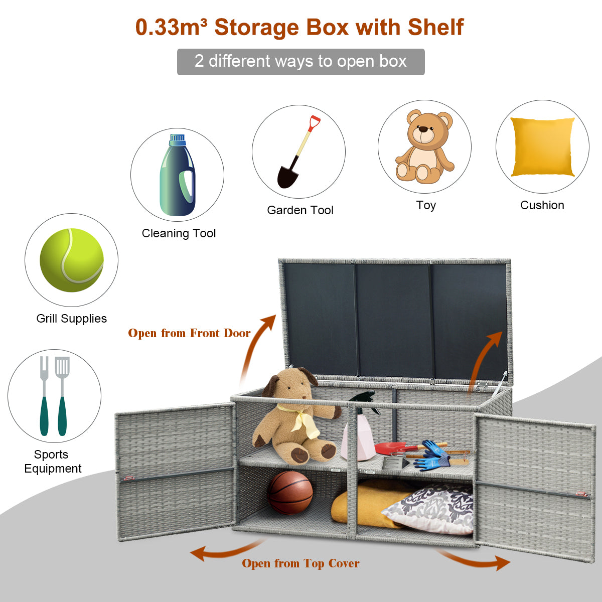 NNECW 0.33m Patio Rattan Storage Container Box with Shelf -Grey