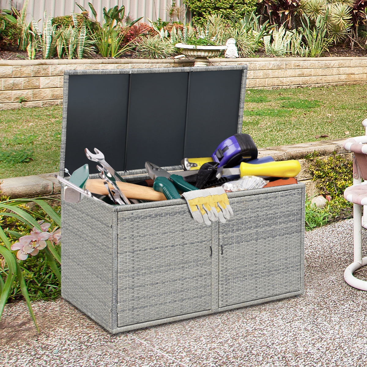 NNECW 0.33m Patio Rattan Storage Container Box with Shelf -Grey