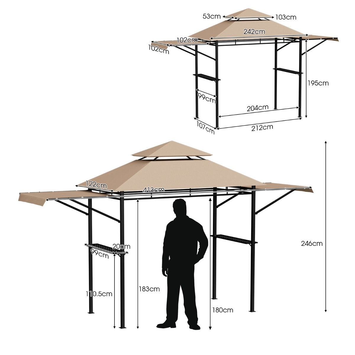 NNECW Outdoor Grill Gazebo with Dual Side Awnings for Patio/Garden-Brown