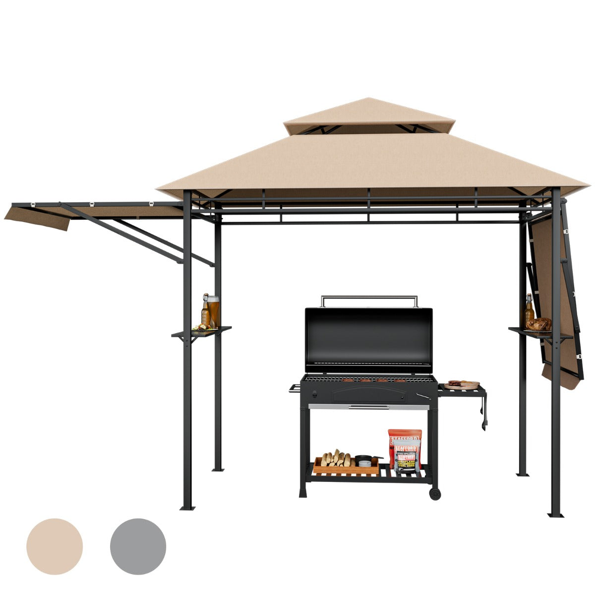 NNECW Outdoor Grill Gazebo with Dual Side Awnings for Patio/Garden-Brown