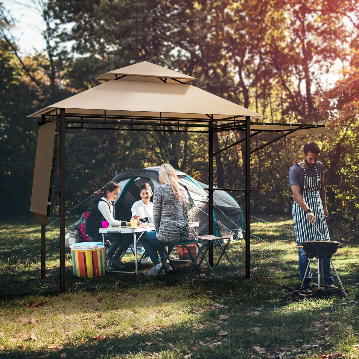 NNECW Outdoor Grill Gazebo with Dual Side Awnings for Patio/Garden-Brown