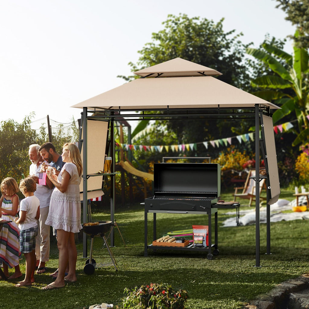 NNECW Outdoor Grill Gazebo with Dual Side Awnings for Patio/Garden-Brown