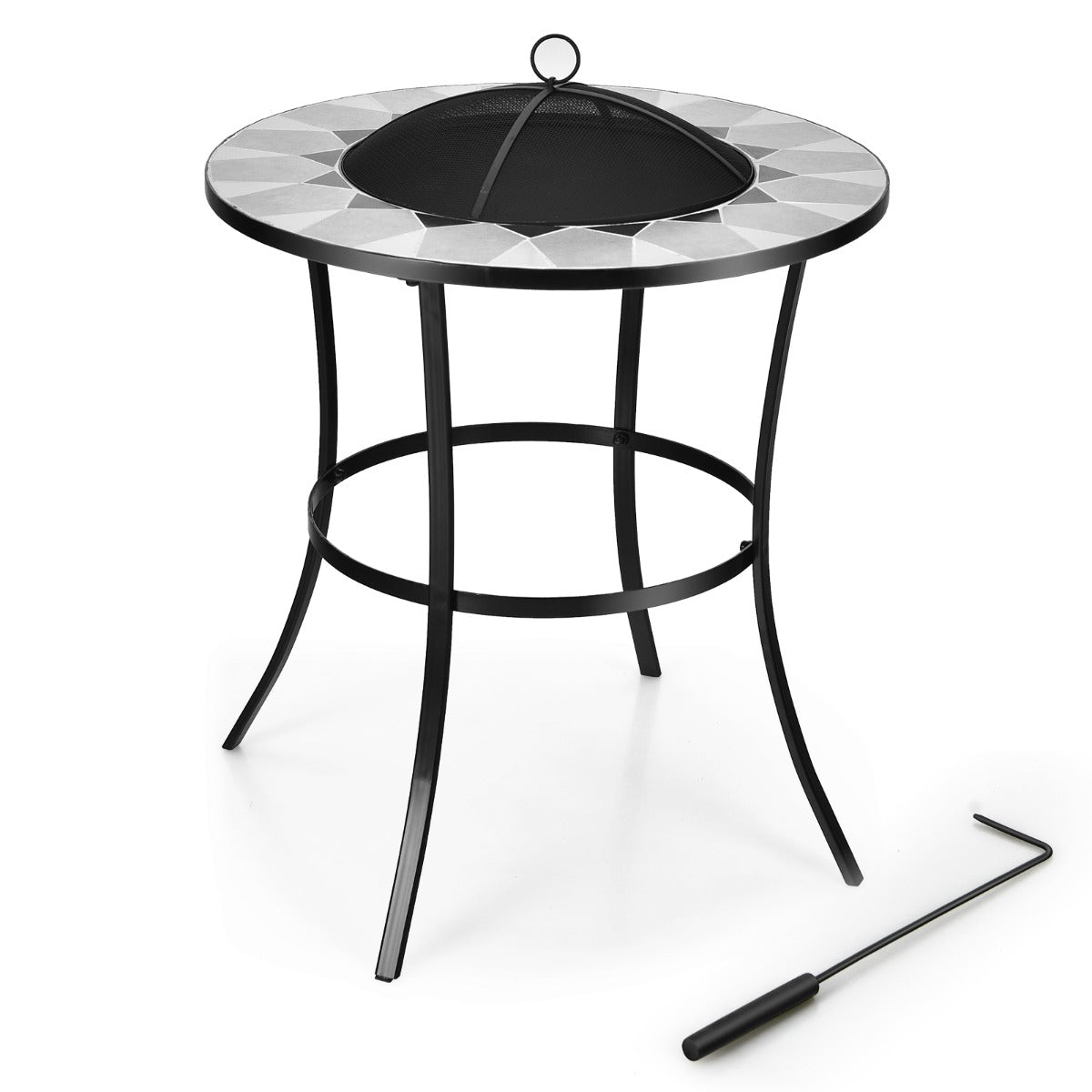 NNECW Outdoor Round Fire Pit Table with Mesh Screen Lid & Fire Poker