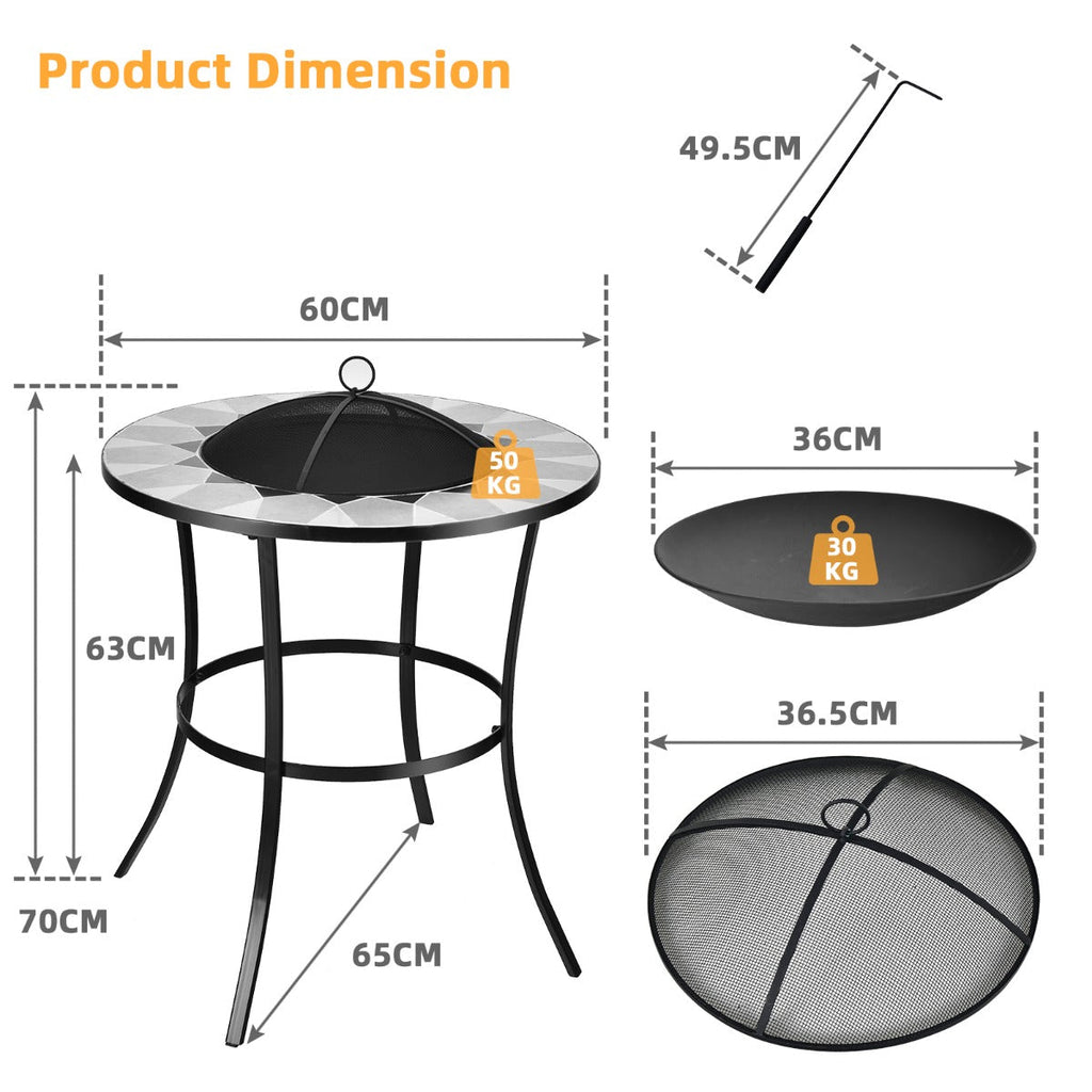 NNECW Outdoor Round Fire Pit Table with Mesh Screen Lid & Fire Poker
