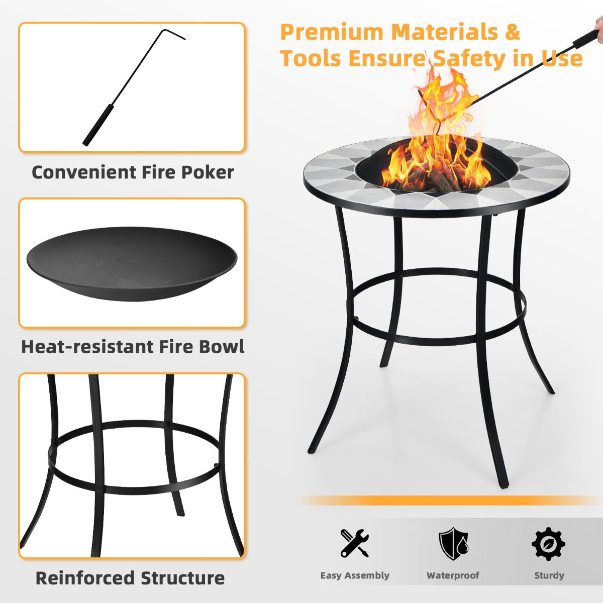 NNECW Outdoor Round Fire Pit Table with Mesh Screen Lid & Fire Poker