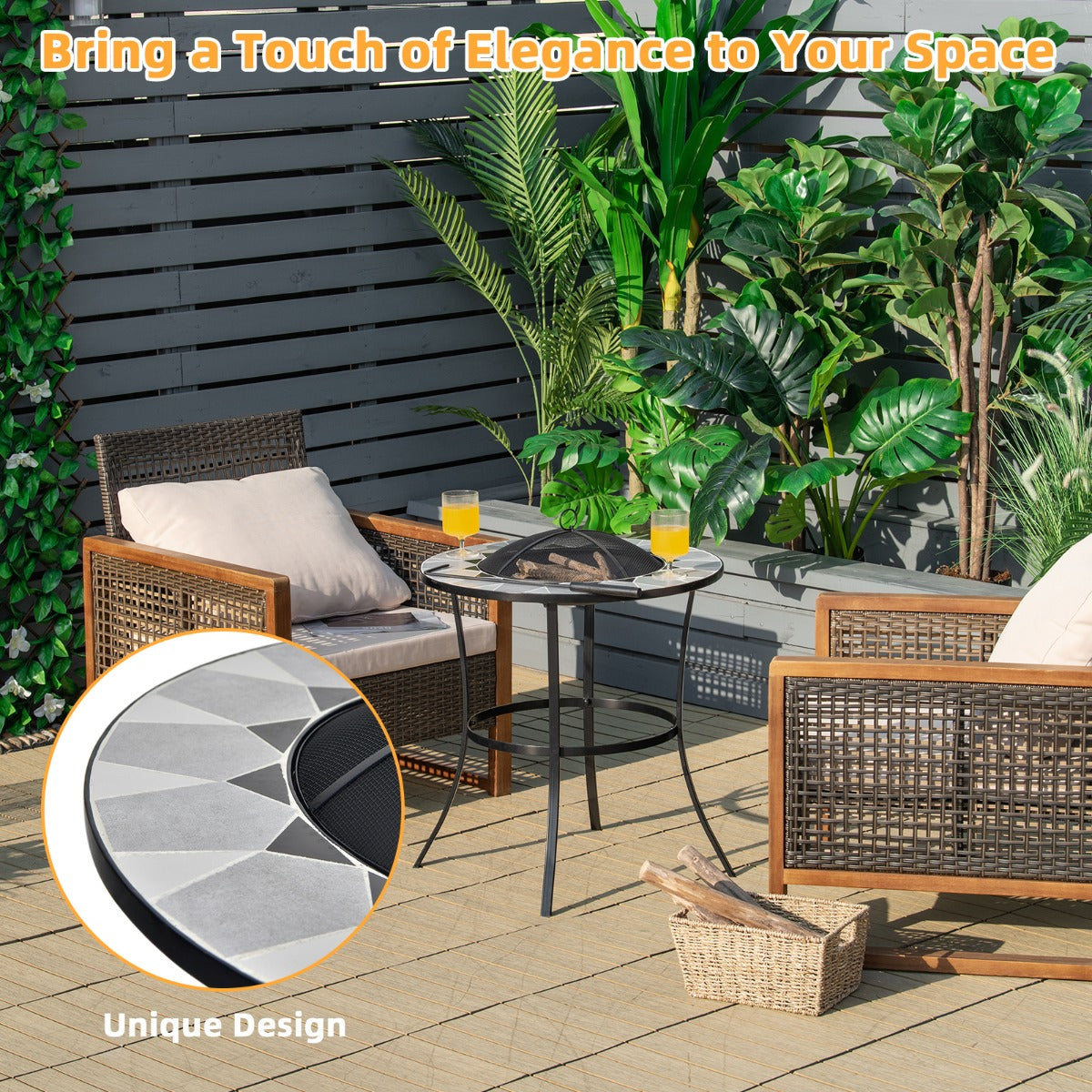 NNECW Outdoor Round Fire Pit Table with Mesh Screen Lid & Fire Poker