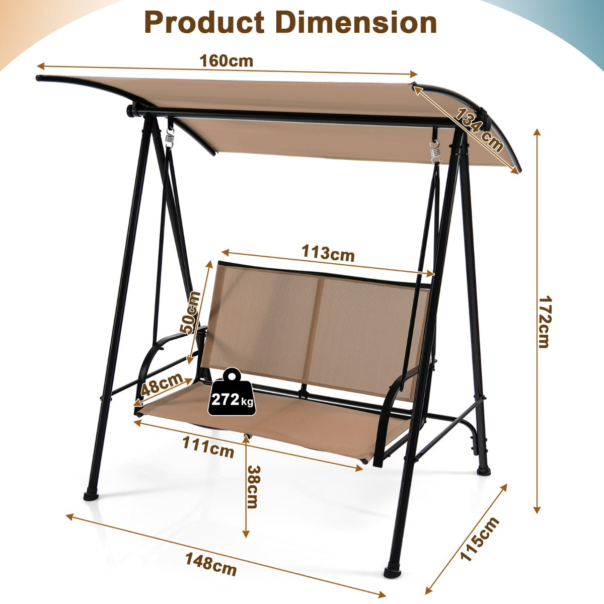 NNECW 2-seat Outdoor Swing with Adjustable Canopy for Patio/Garden-Beige