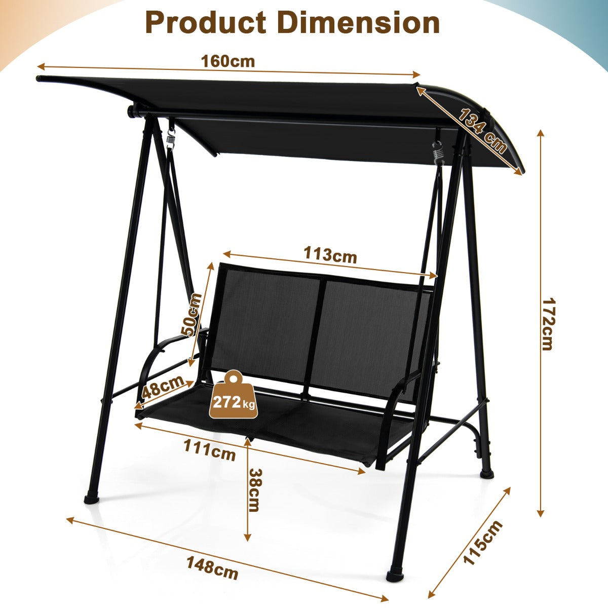 NNECW 2-seat Outdoor Swing with Adjustable Canopy for Patio/Garden-Black