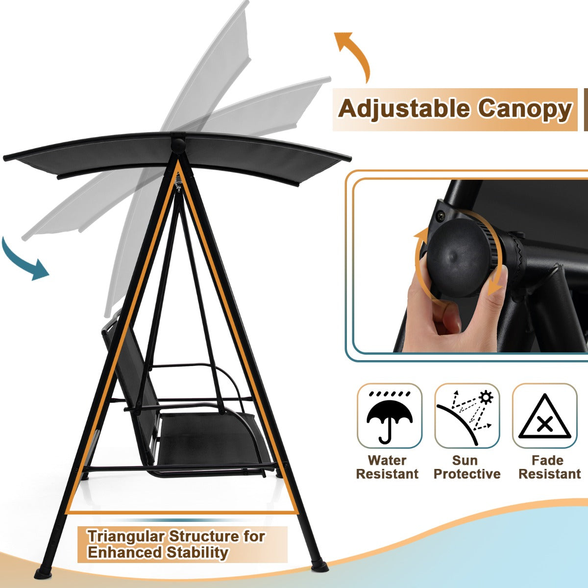 NNECW 2-seat Outdoor Swing with Adjustable Canopy for Patio/Garden-Black