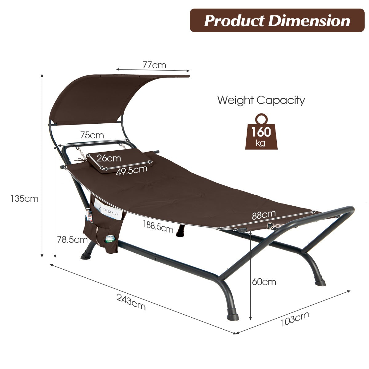 NNECW Patio Hanging Chaise Lounge Chair with Storage Bag-Coffee