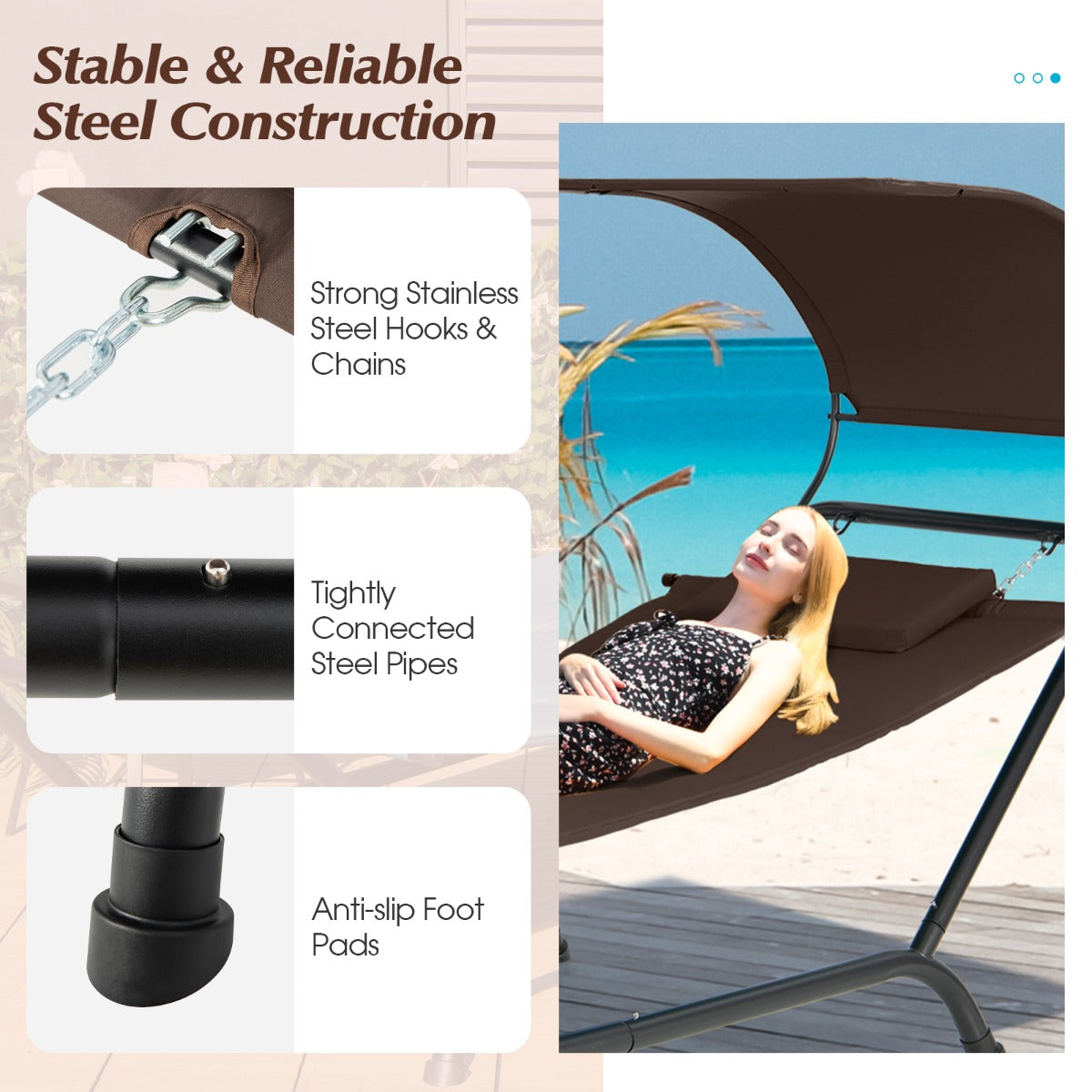 NNECW Patio Hanging Chaise Lounge Chair with Storage Bag-Coffee
