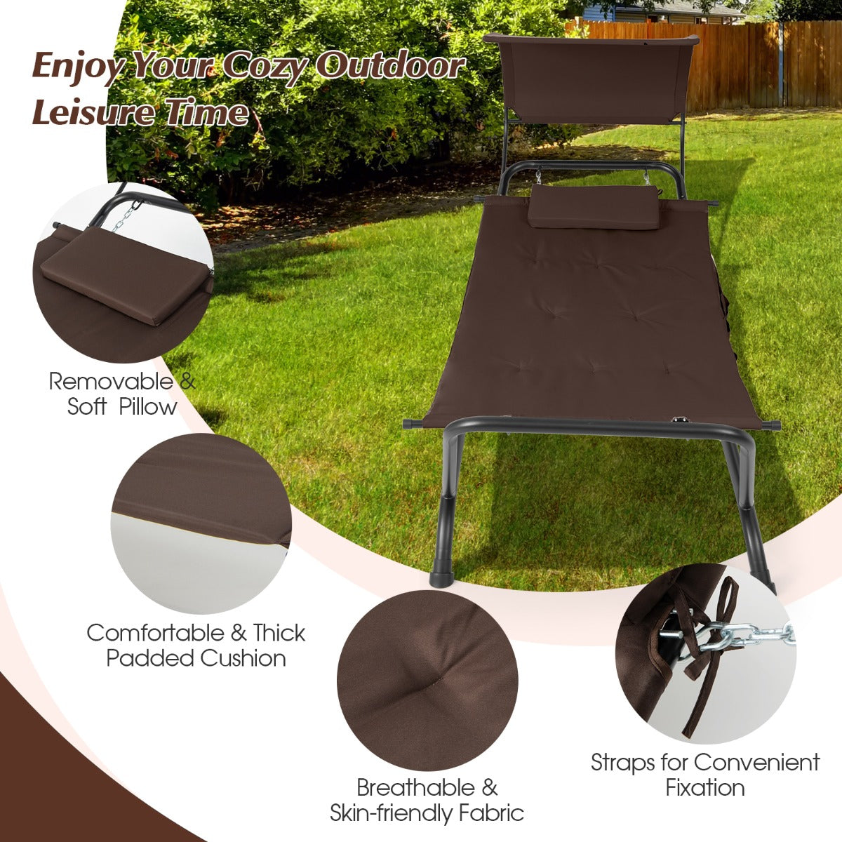 NNECW Patio Hanging Chaise Lounge Chair with Storage Bag-Coffee