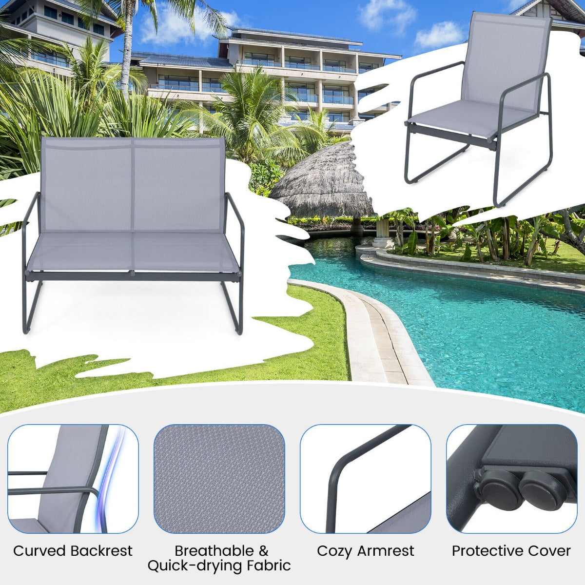 NNECW 4 Piece Garden Patio Bistro Furniture Set with Loveseat Coffee Table and 2 Chairs