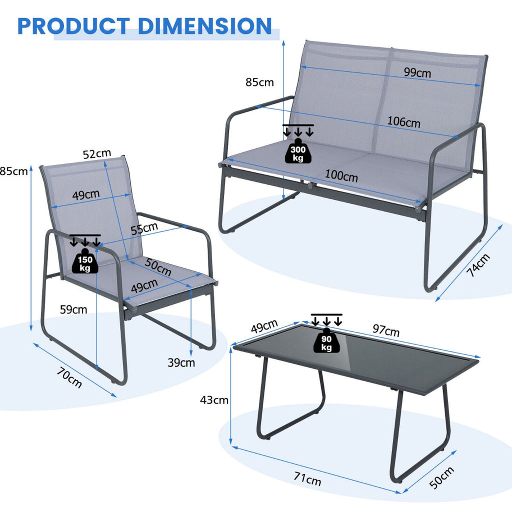 NNECW 4 Piece Garden Patio Bistro Furniture Set with Loveseat Coffee Table and 2 Chairs