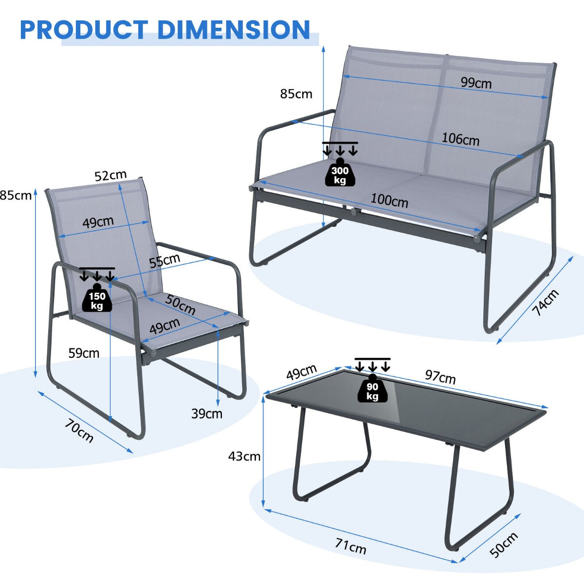 NNECW 4 Piece Garden Patio Bistro Furniture Set with Loveseat Coffee Table and 2 Chairs