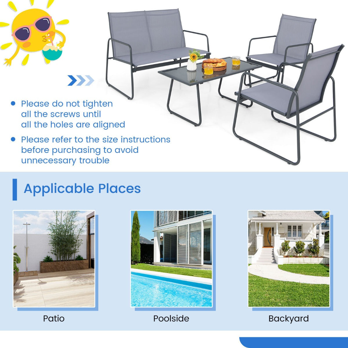 NNECW 4 Piece Garden Patio Bistro Furniture Set with Loveseat Coffee Table and 2 Chairs