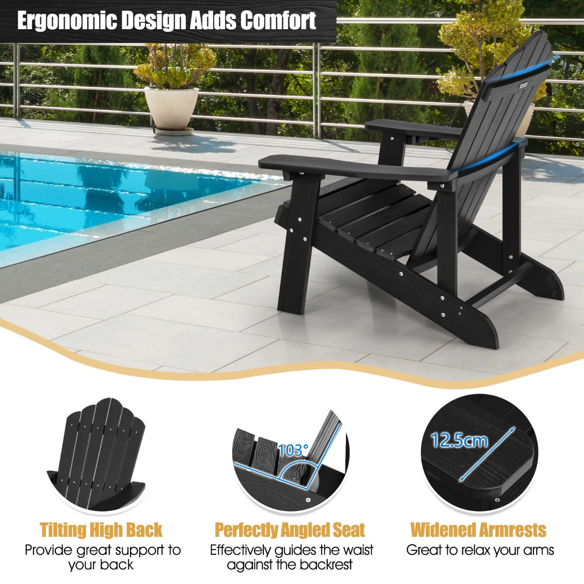 NNECW Adirondack Chair with Cup Holder for Patio-Black