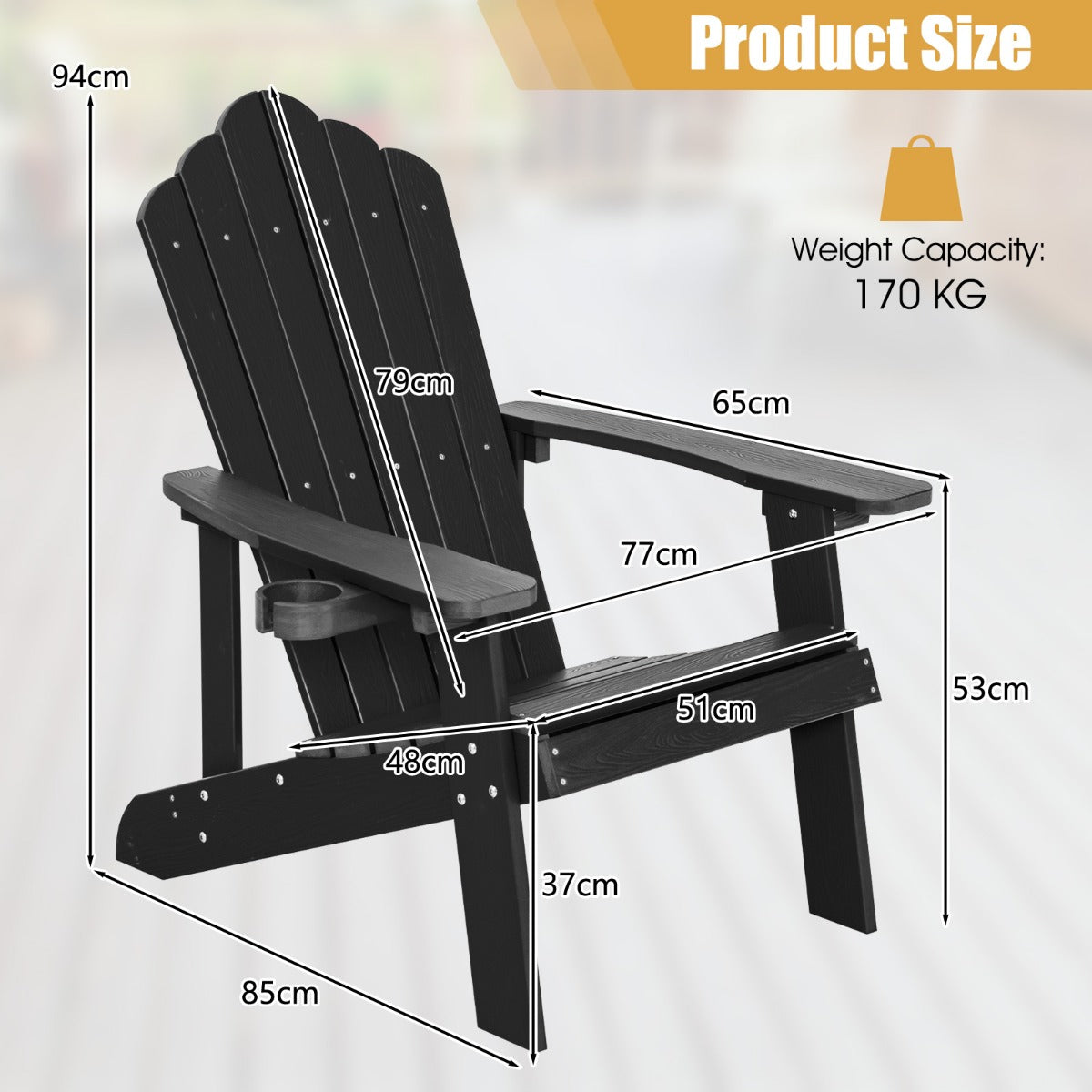 NNECW Adirondack Chair with Cup Holder for Patio-Black