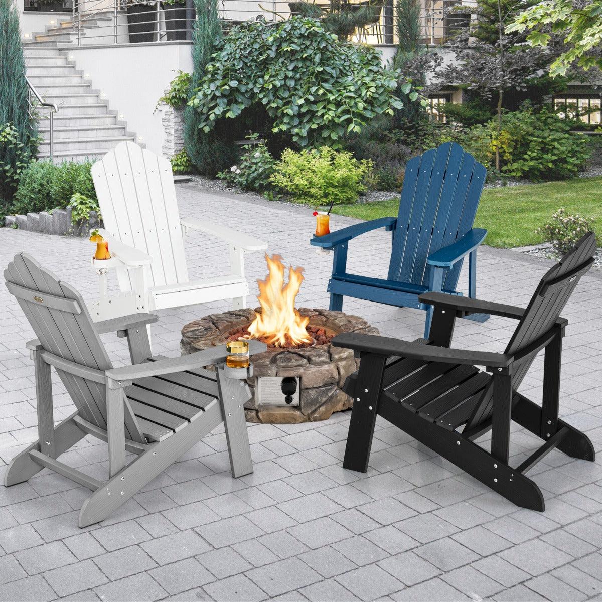 NNECW Adirondack Chair with Cup Holder for Patio-Black