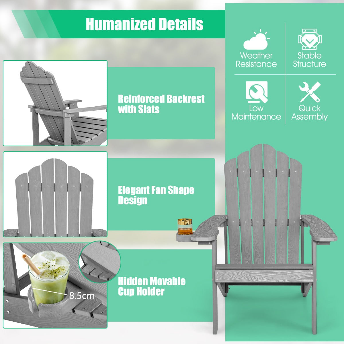 NNECW Adirondack Chair with Cup Holder for Patio-Silver